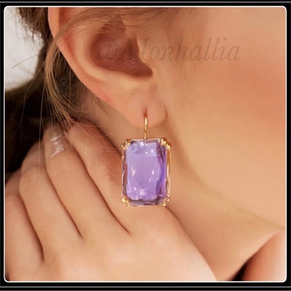 14K GOLD MEGA EMERALD CUT SIMULATED CLEAR PURPLE TOPAZ CUSHION EARRINGS - Picture 1 of 5